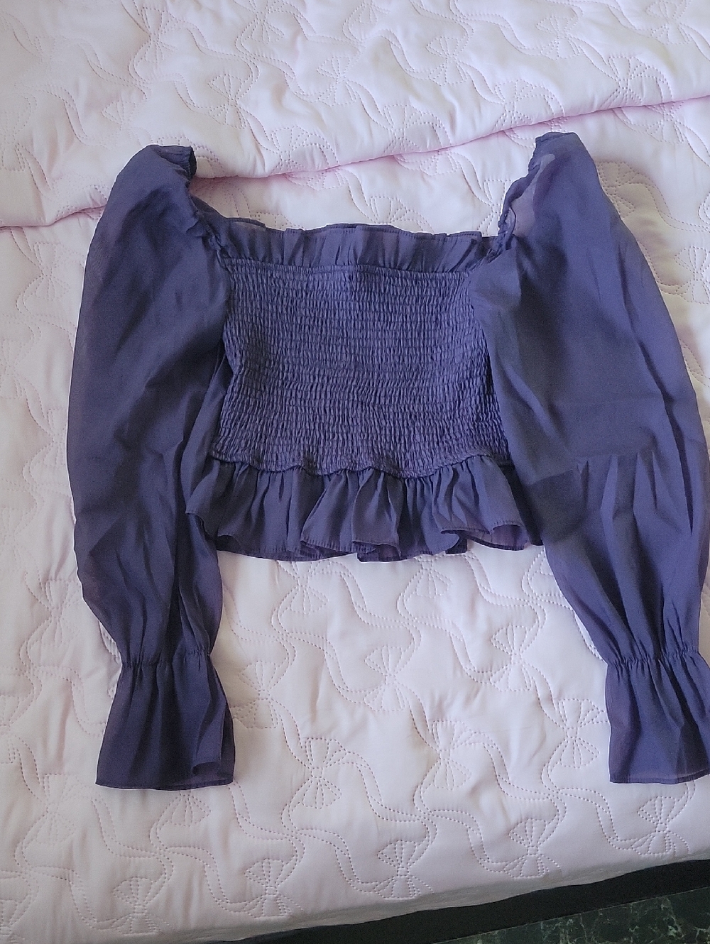 Purple Smocked Off-Shoulder Long Sleeve Top